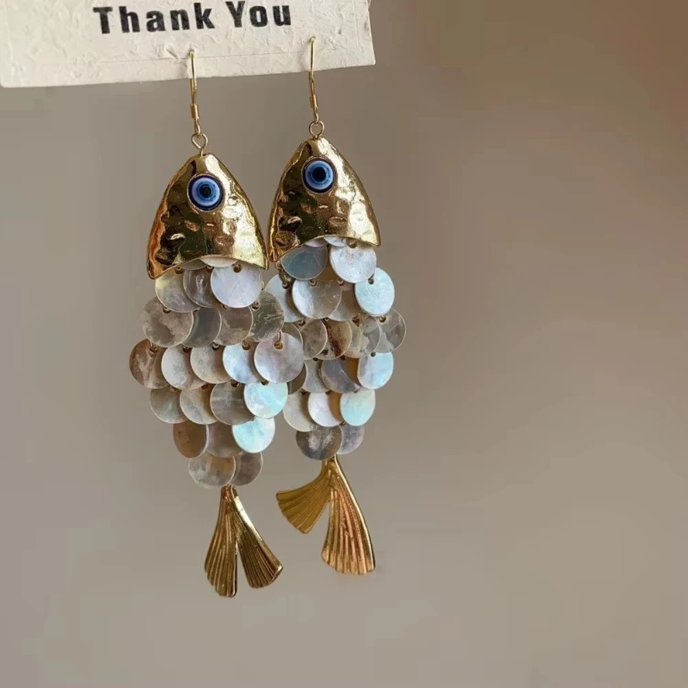 New Personality Fish-shaped Earrings Scaly Elegant Imitation Shell Tassel Earrings Ear Hook Design Alloy Dangle Earrings Beach
