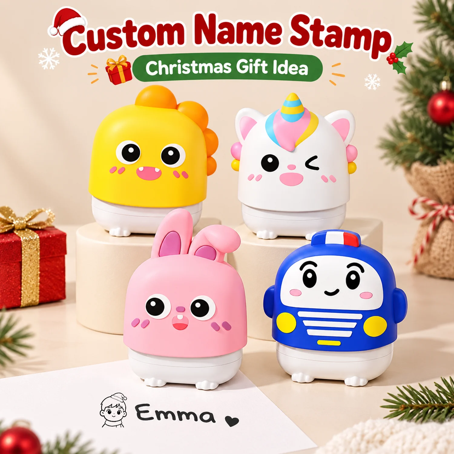 Custom Name Stamp Personalized Christmas Self-Inking Stamp Cute Cartoon Design for Gifts Journaling Office
