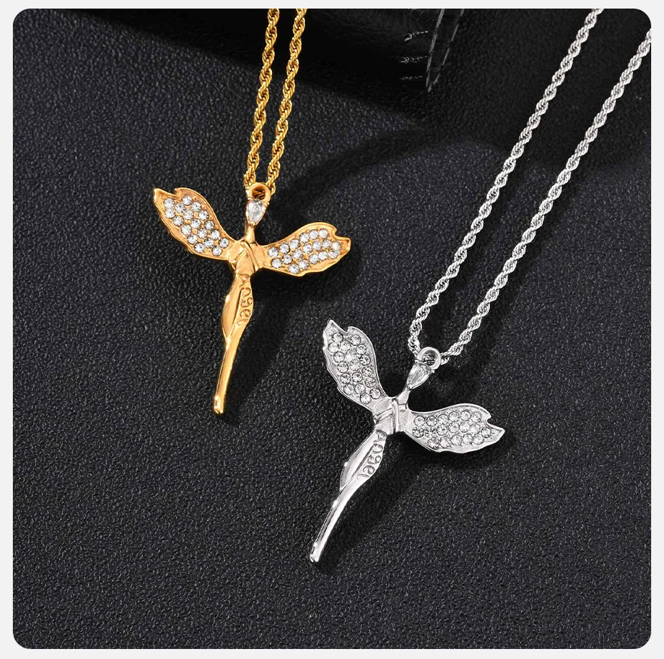 Vnox Engel-Kreuz-Anhänger-Halskette für Männer, Edelstahl Zirkon Flügel-Feen-Halskette 50cm 60cm Gedrehte Seilkette Schmuck Geschenk – Detail 5