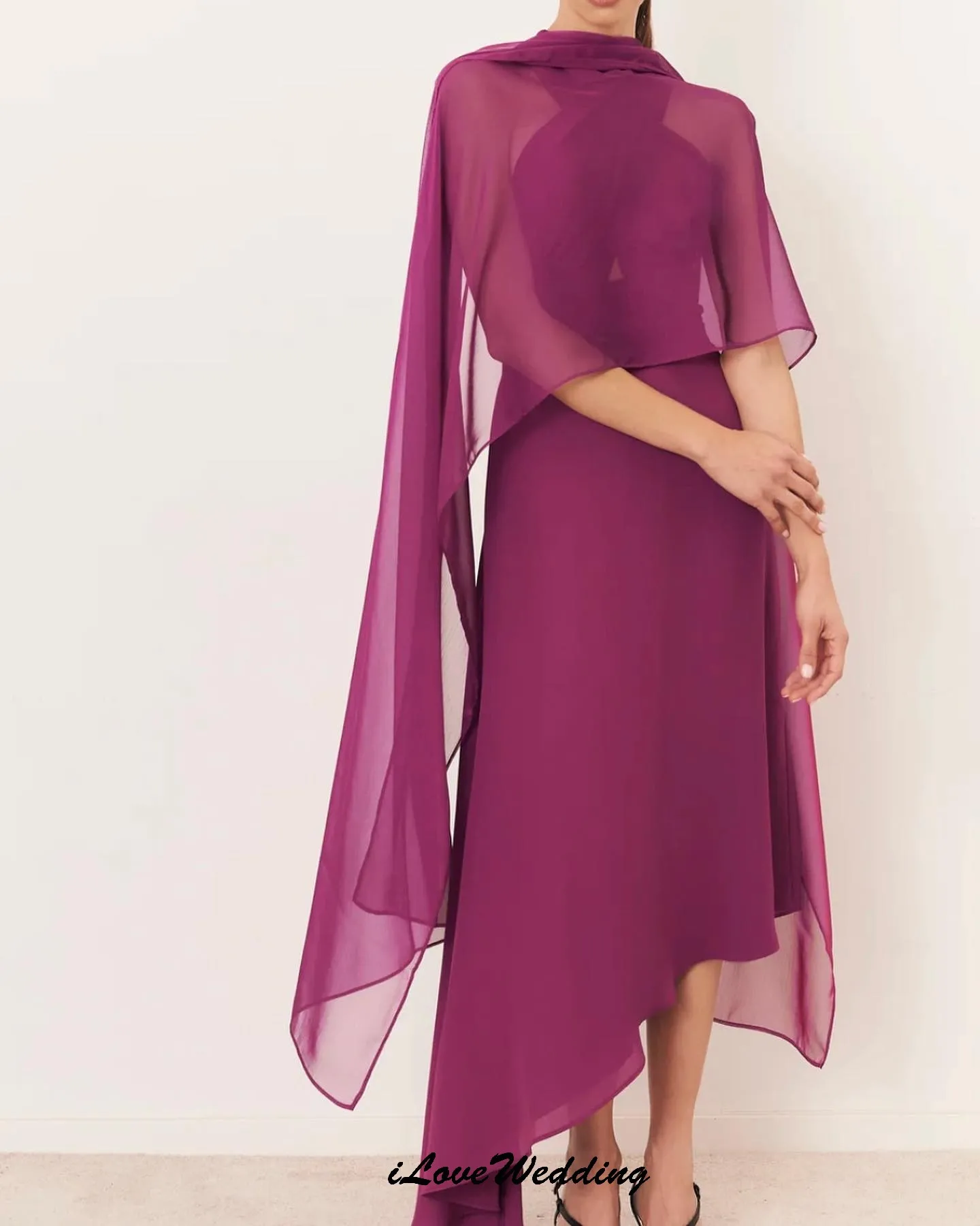 

Customized Fuchsia Chiffon Elegant Prom Dress 2025 Wedding Party Dress Tea-Length With Jacket High Neck Formal Gowns For Women