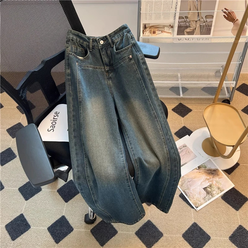 Vintage blauwe patchwork jeans lente herfst retro herenbroek Amerikaanse casual mode Street Style wijde pijpen denim broek