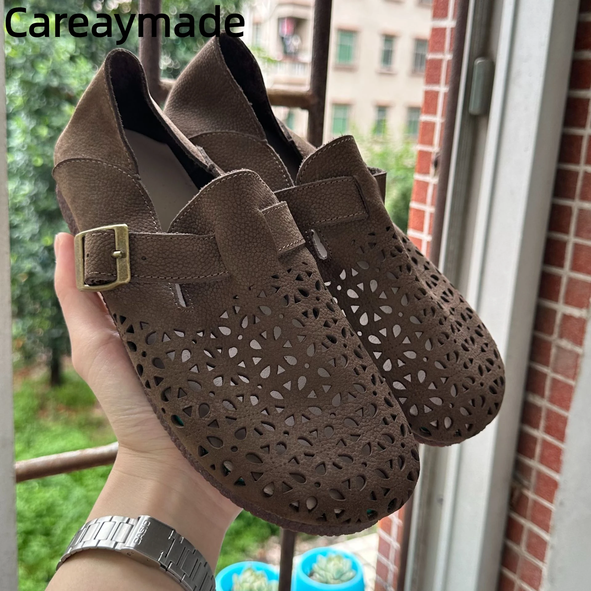 

Careaymade-handmade genuine leather women's Summer hollow out flat sole single shoes casual one foot pedal shallow mouth shoes