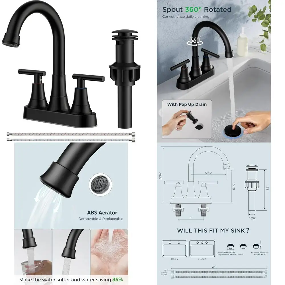 

4 Centerset Faucet with Pop-Up Drain, Matte Black, 2-3 Hole, Dual Handle, 360° Swivel Spout for Bathroom Vanity and RV Use