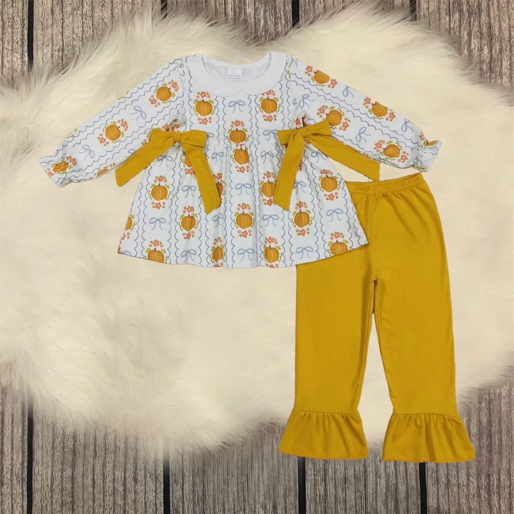 

Toddler Thanksgiving Set Baby Girl Pumpkins Long Sleeves Floral Tunic Outfit Orange Cotton Pants Children Kids Clothes Wholesale