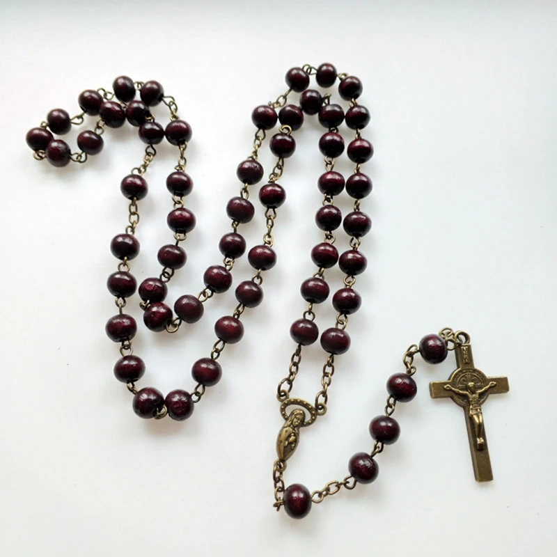 D0AD-Rufous Colored Wooden Beads, Rosary Necklaces with Jesus for Cross