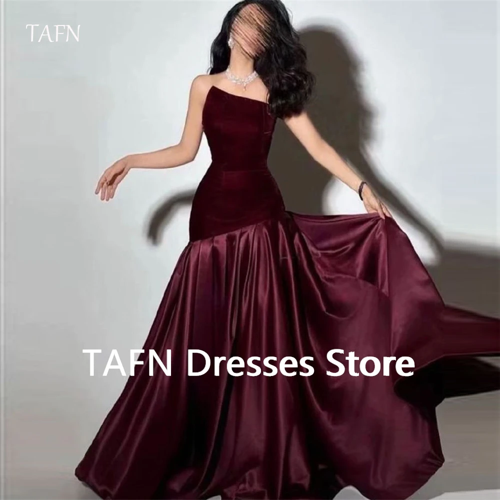 TAFN Elegant Dark Red Formal Evening Dresses For Wedding Party Arabic Women Black Prom Gowns Simple Velvet Top Customized