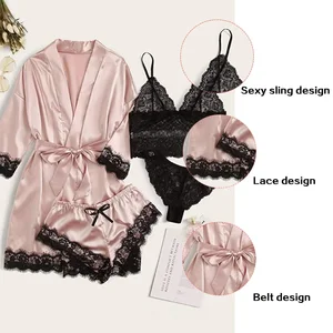 4 Stücke Frau Pyjamas mit Robe sexy Spitze Dessous Seiden Badezimmer Satin Haus Haus Kleidung Robe Robe 8 Hauptverkäufe Frauen Satin Road - №1