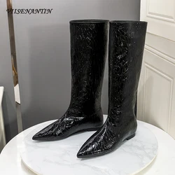 Newest Crocodile Pattern Knee High Boots Women Pointed Toe 1.5cm Flat Heel Knight Cowboy Boots Shiny Leather Shoes for Females