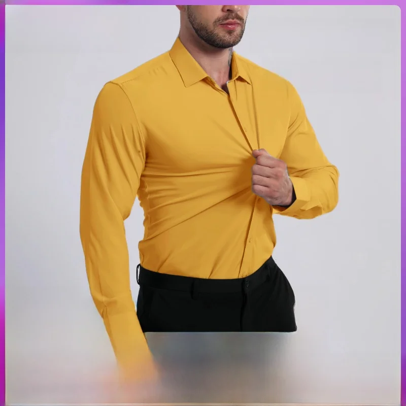 

Lightweight Breathable Anti-Wrinkle Long Sleeve Elastic Big Size Men's Shirt CleanFit Style Standard Edition PU Leather Fabric