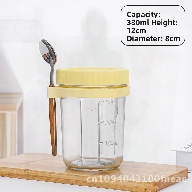 

Glass Overnight Oatmeal Cup with Spoon And Lid Portable Milk Yogurt Cereal Breakfast Cup in Assorted Colors including Gray Beige