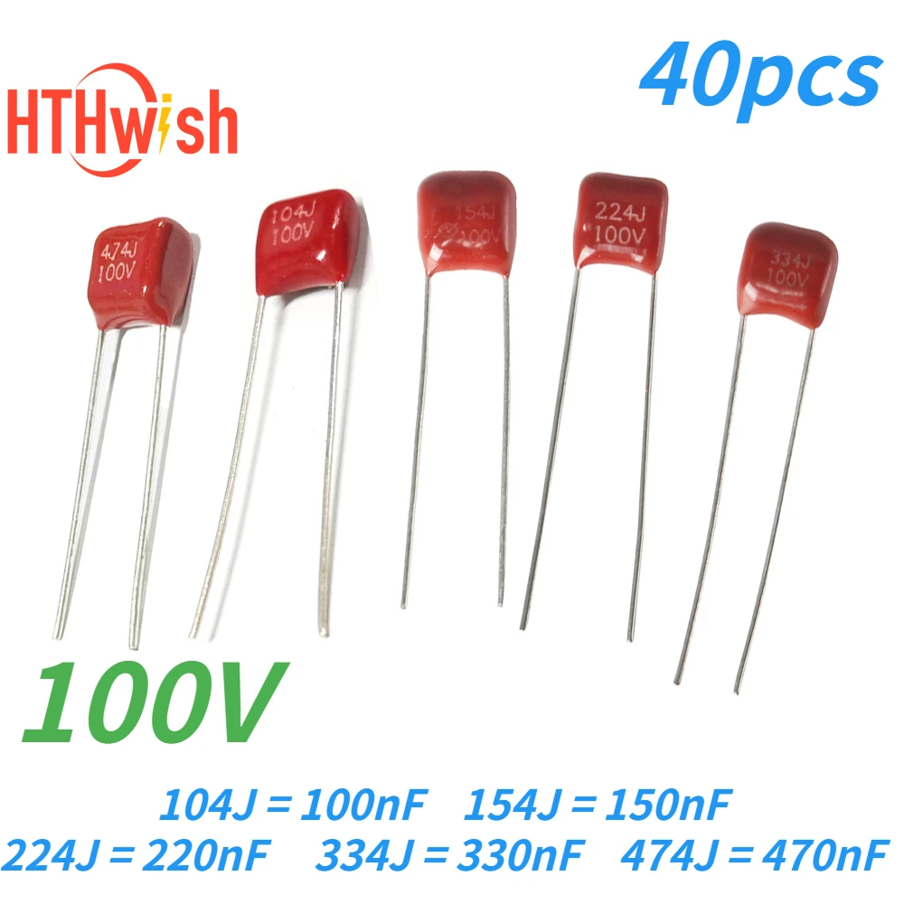 40PCS 100V CBB Capacitor 104J 100nF 154J 150nF 224J 220nF 334J 330nF 474J 470nF Polypropylene Film Capacitor 0.1uF 0.15uF 0.22uF