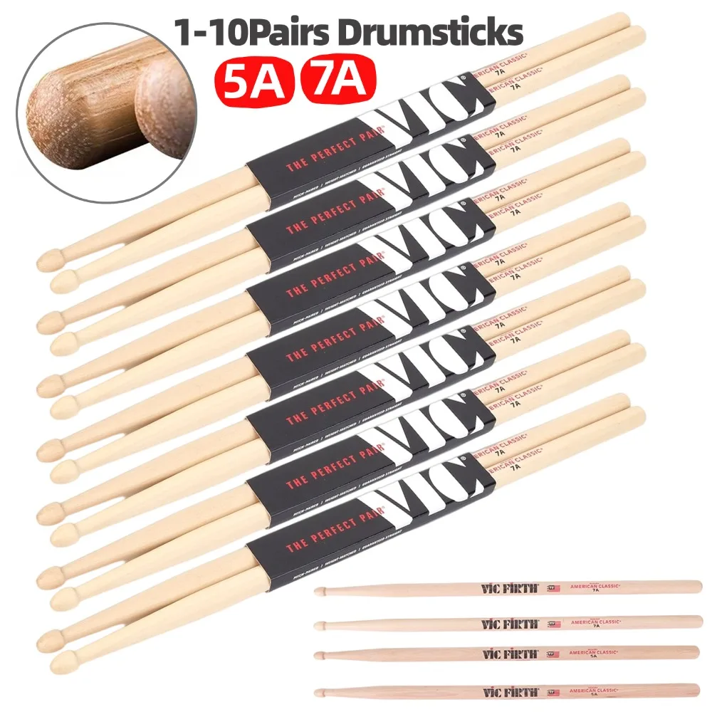 1–10 Paar 5 A/7 A Trommelstöcke, Jazz-Schlägel, Trommelstöcke, Percussion, amerikanischer Hickory, klassische Trommelstöcke für akustische/elektronische Trommeln