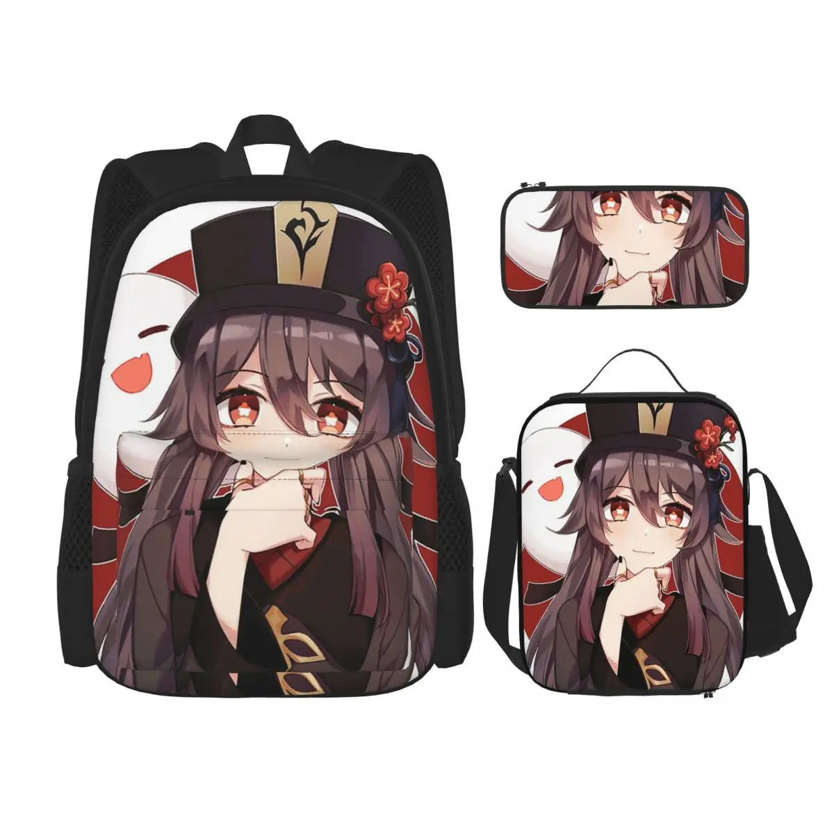 

Hu Tao Genshin Impact Backpacks Boys Girls Bookbag Children School Bags Kids Rucksack Lunch Bag Pen Bag Three-Piece Set