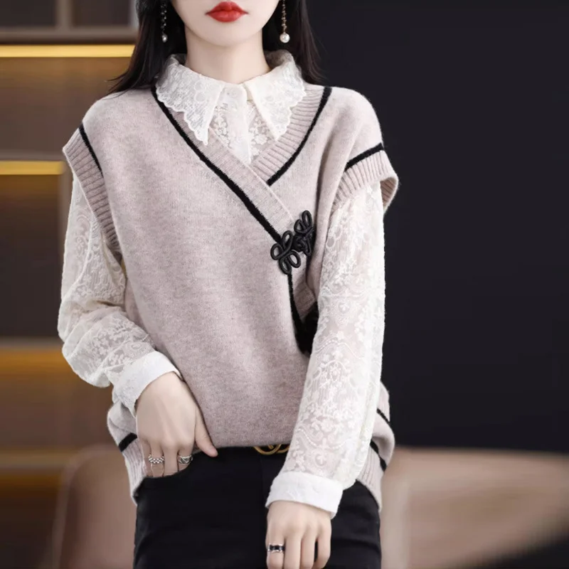 

Autumn New New Chinese Style Retro Buttons Fashionable and Unique Color-blocking Sleeveless Vest Knitted Sweater