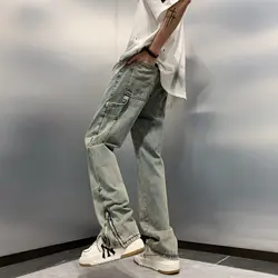 2023 Y2K Fashion Ankle Zipper Baggy Cargo Jeans Pants For Men Clothing Straight Old Vintage Blue Denim Trousers Pantalon Homme