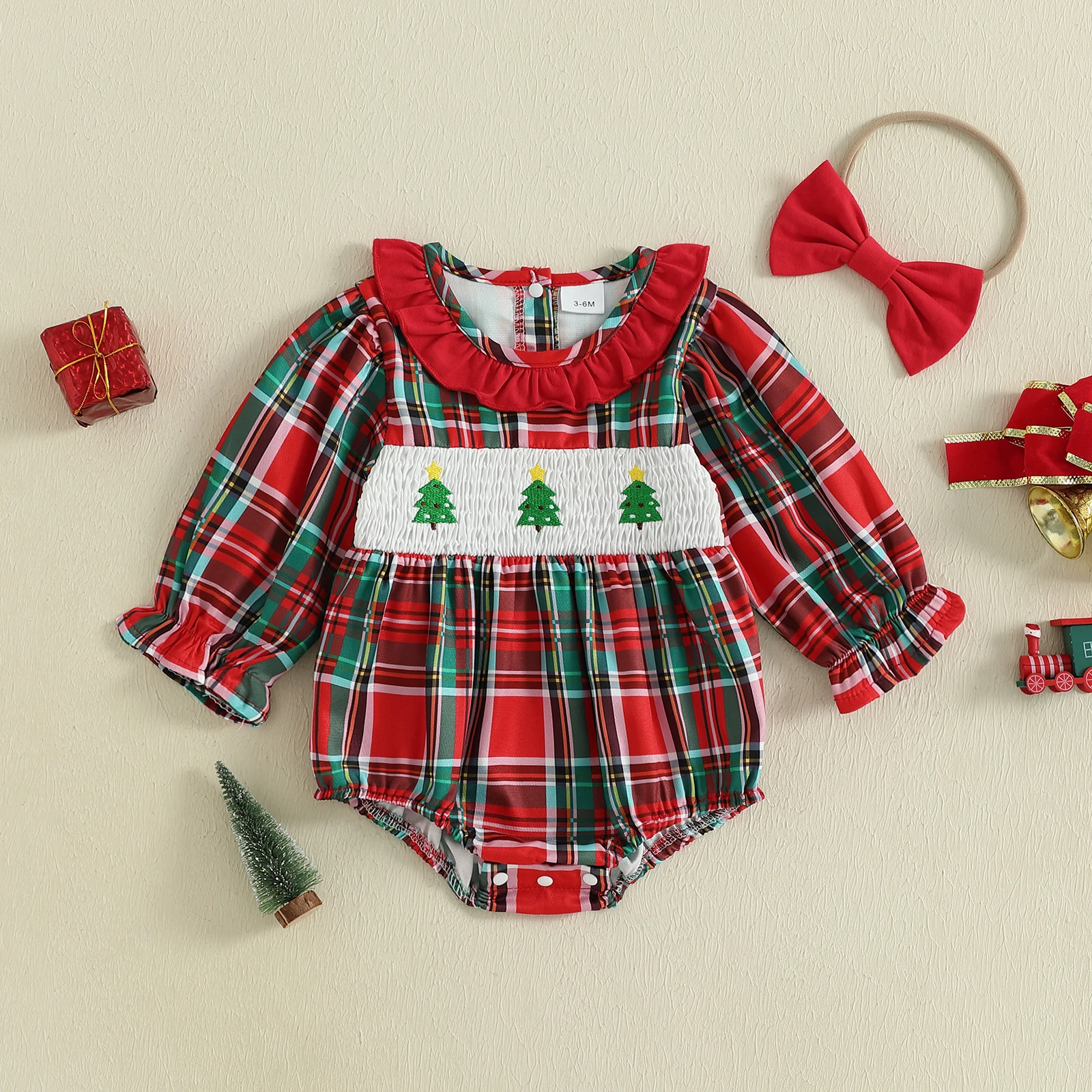 

0-18 Months Baby Girl Christmas Plaid Romper Long Sleeve Ruffled Round Neck Tree Embroidery Jumpsuit with Bow Headband