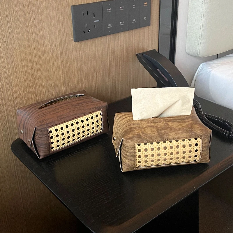 

Exquisite Leather Wood Grain Tissue Box, Hotel, Car, Household, Light Luxury and High-end Feel. Leather Material Tissue Box
