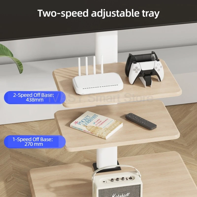 رف تلفزيون متنقل قائم على الأرض، حامل فني من الخشب الصلب باللون الأبيض، ارتفاع عالمي قابل للتعديل مع رف ديكور منزلي جمالي، حامل تلفاز