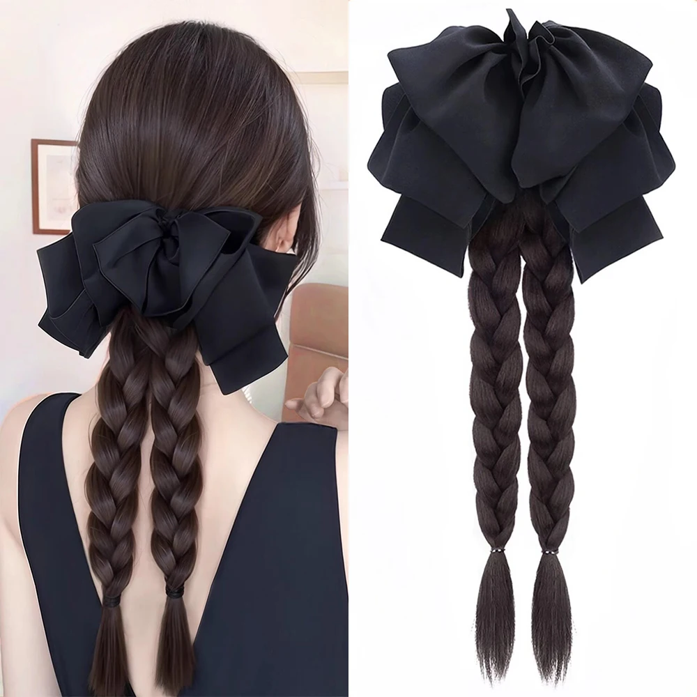 Black Satin Bow Braided Ponytail Synthetic Hair Heat Resistant Fashion Hair Accessories for Women Daily Party