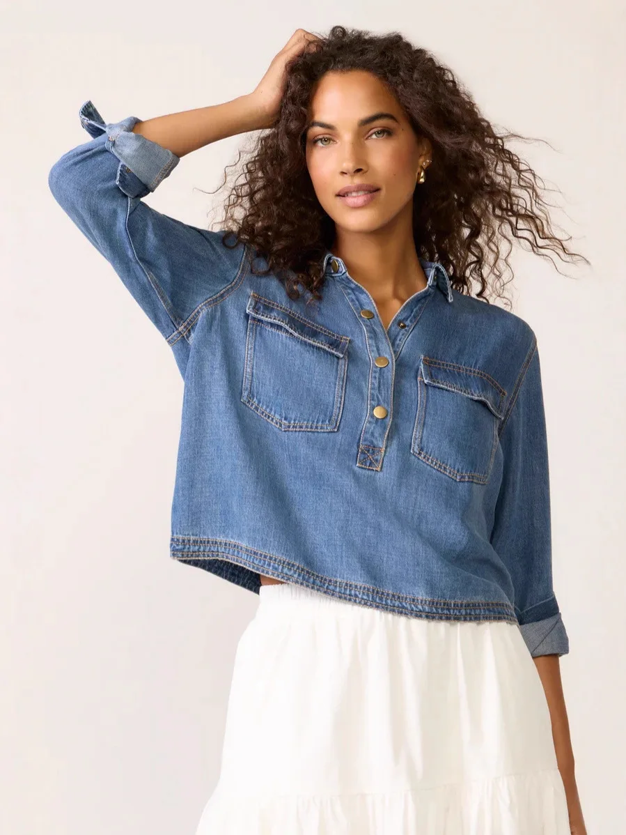 Women's Fashion Casual Lapel Coat Spring Autumn Button-Down Half-Open Pullover Denim Shirt