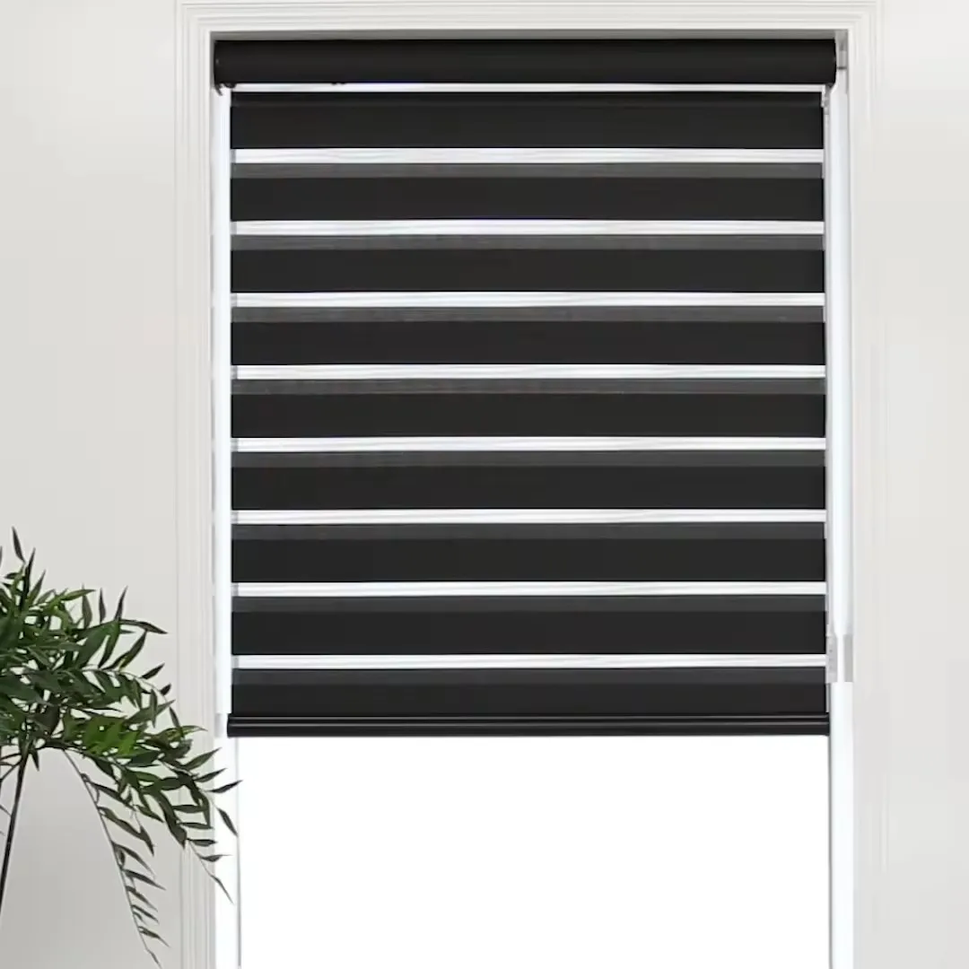 

Best Popular Dual-Layer Fabric Black Color 90% Blackout Cordless Zebra Roller Blinds For Bedroom