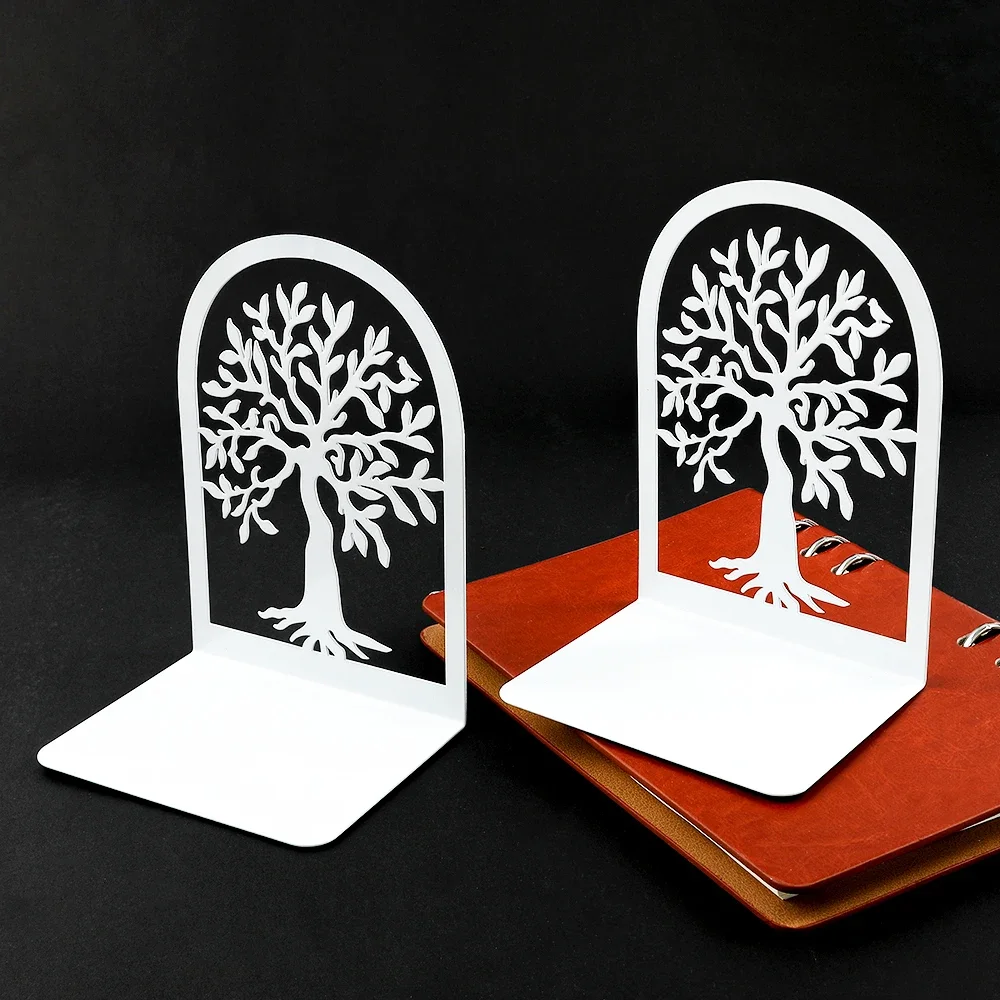 2Pcs/1Set White Hollow Tree of Life Bookends Books Holder Iron Heavy Book Support Desk Decoration Supplies for Students Teachers