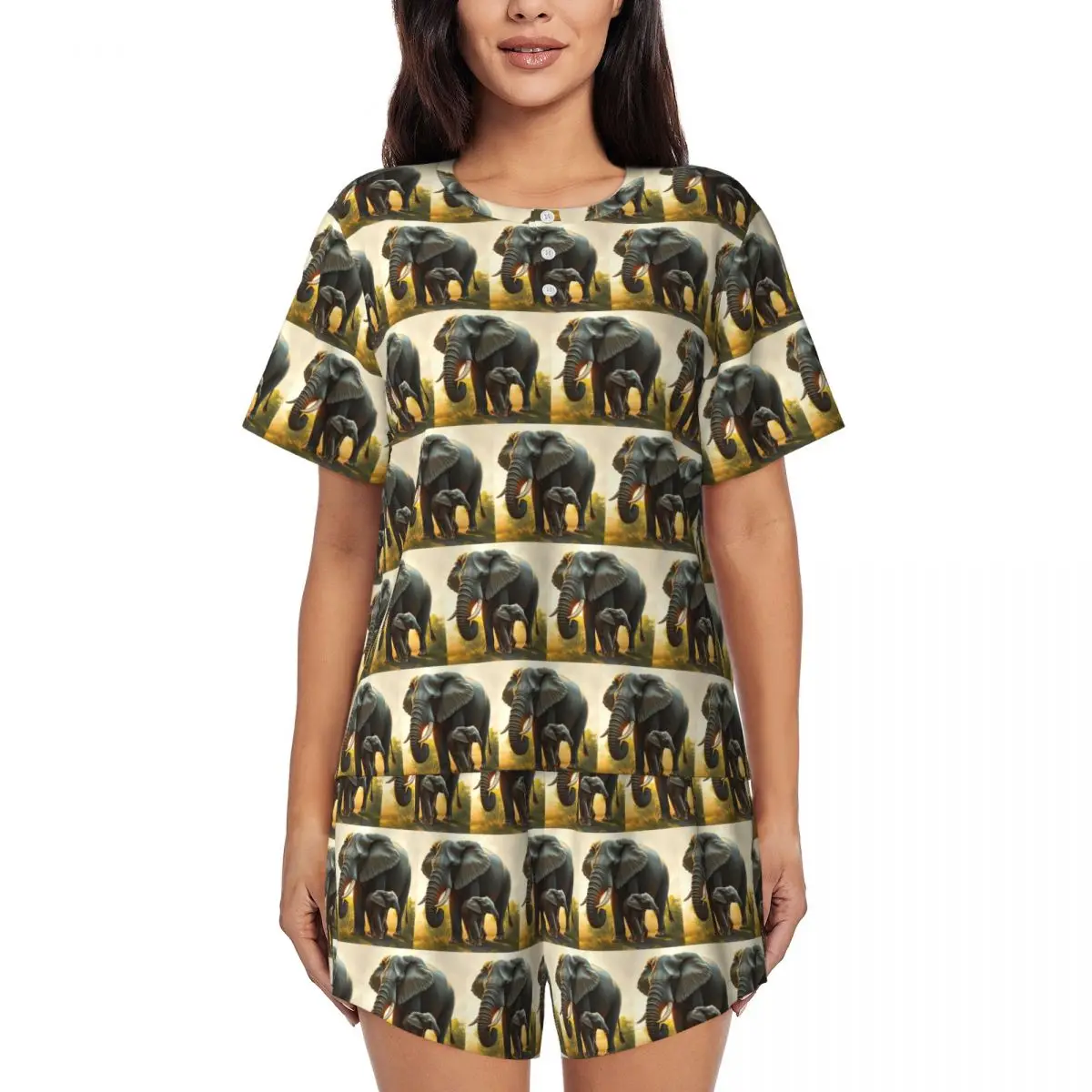 

Ночная рубашка с круглым вырезом и короткими рукавами с изображением величественного слона и его детеныша, женский мягкий пижамный комплект с короткими штанами