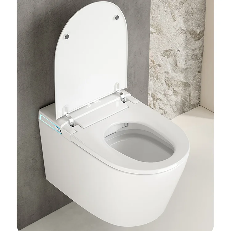 Toilettes intelligentes murales à lumière UV, télécommande améliorée, faible compatibilité de la pression d'eau, p-piège, toilettes intelligentes murales