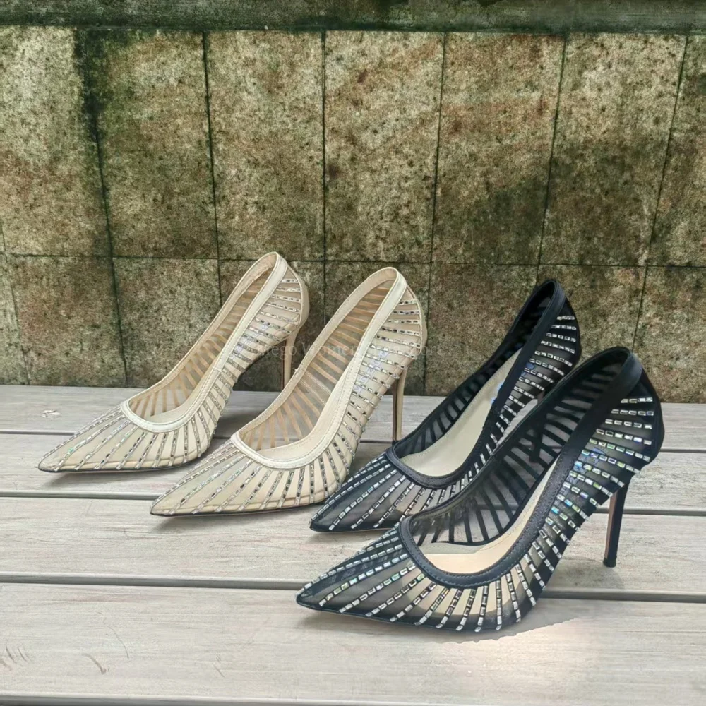 

Rhinestone Mesh Stiletto High Heel Single Shoes Women Nude Black Color Shallow Pumps Brand Design Quality Shoes Lady Size