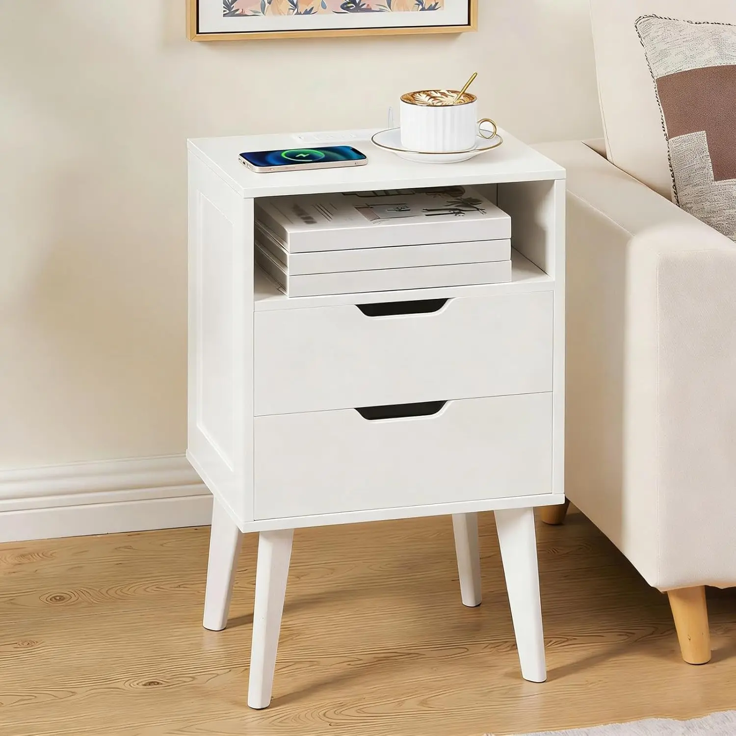 

White Nightstand with Charging Station, Modern Bedside Table with 2 Storage Drawers and Open Shelf, Night Stand, Customized
