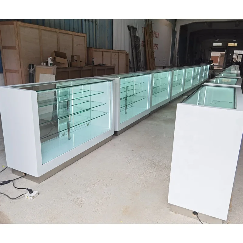 

Custom, Glossy Perfume Display Counter Shop Modern Glass Display Cabinet Showcase with Mirror Door Jewelry Shop Showcase