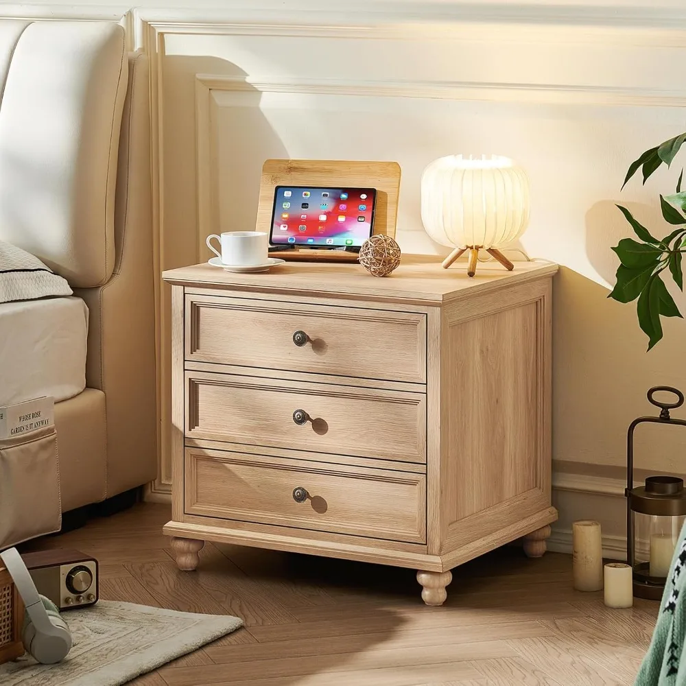 24" Wide Farmhouse Wood Nightstand Set of 2 3 Drawers & Metal Handle Bedroom End Table, Custom