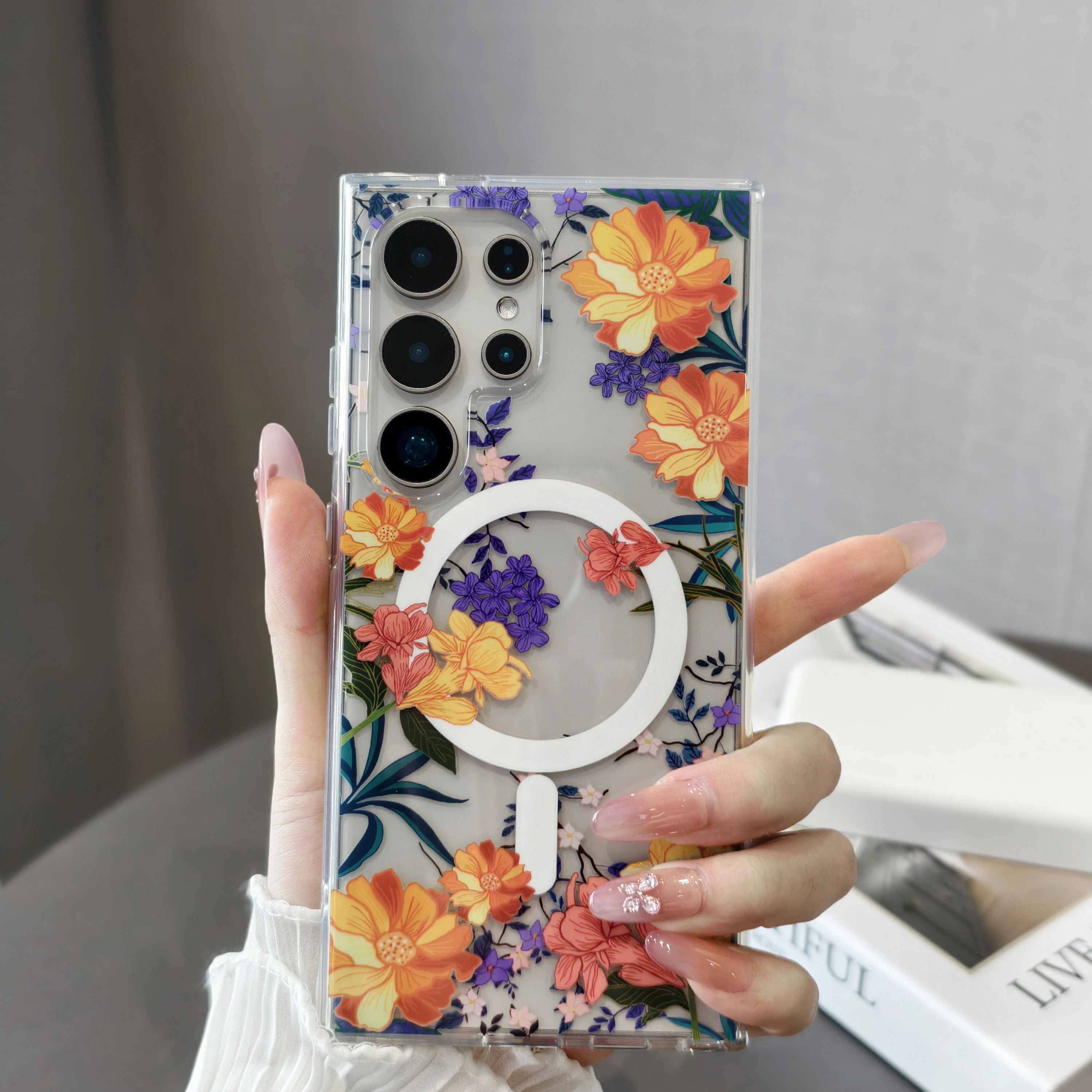 เคส Magsafe โปร่งใสสุดหรูหราลายดอกไม้หลากสีสำหรับ Galaxy S25 สำหรับ Samsung S24 Ultra S23 FE S25 Plus แบบแข็ง