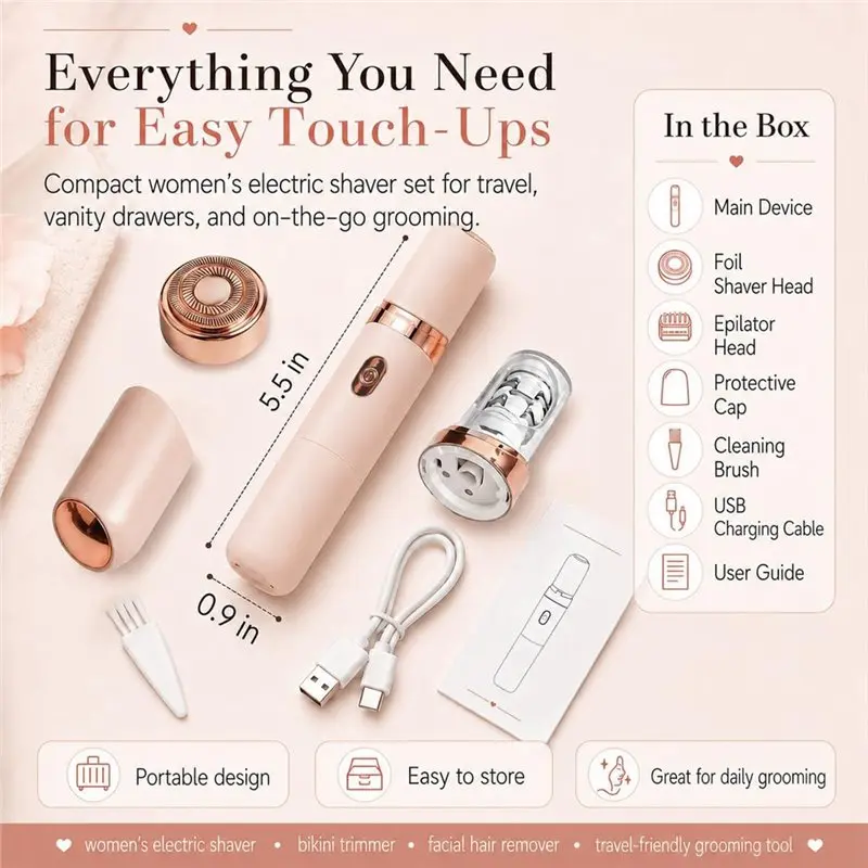 B15C Rechargeable Electric Epilator For Women, 2-In-1 Painless Facial Hair Remover Built-In LED Light For Sensitive Skin