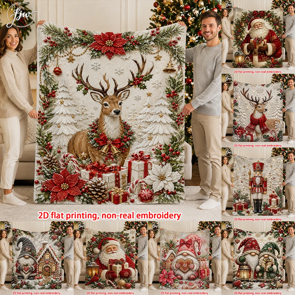 1pcs Christmas Throw Blanket Vintage Xmas Deer Santa Gnome Nutcracker Print Flannel Blanket for Holiday Home Decor