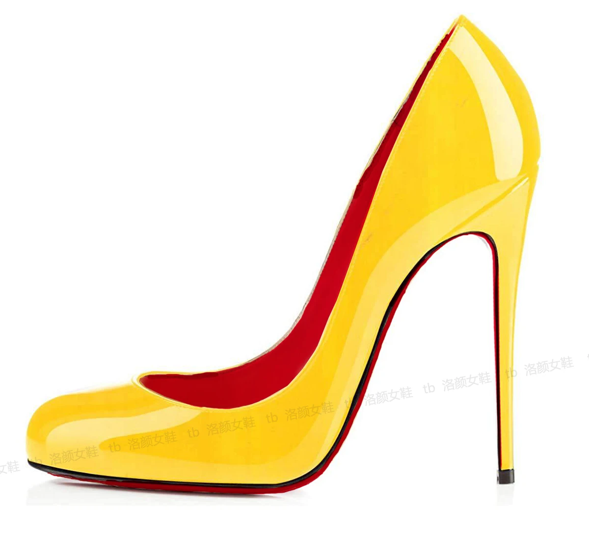 

Yellow patent leather stiletto pumps, elegant round-toe new high heels, stylish large-size women's red-soled shoes