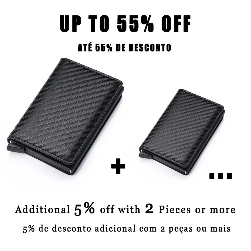 Tarjetero personalizado para hombre, billetera minimalista de cuero de fibra de carbono negro Rfid, regalos para hombre