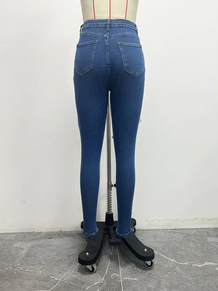 Mulheres de cintura alta rasgado jeans skinny, jeans compridos, área grande, rua, popular, novo