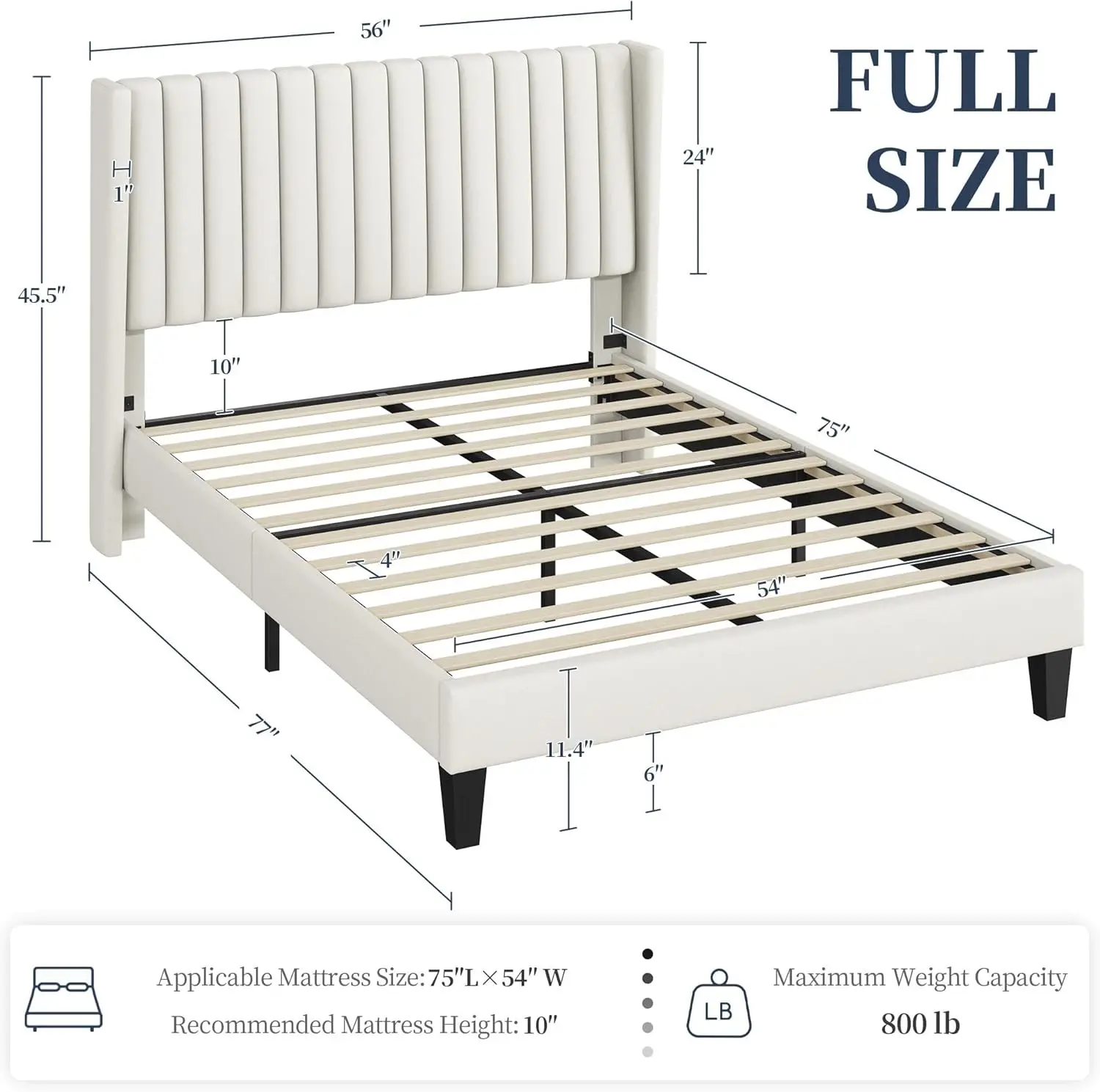 Full Bed Frame Upholstered Platform Bed with Fabric Headboard, Wing Edge Design/Non-Slip and Noise-Free/Wooden Slats Support/No