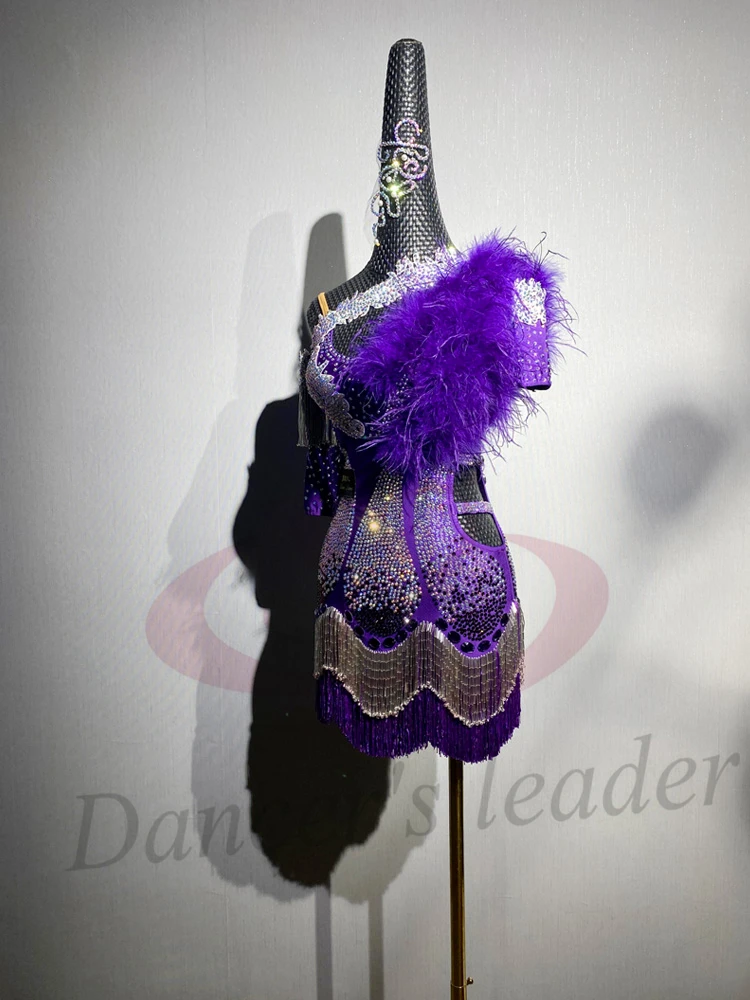 الراقصات اللاتينية، البالغين، الأطفال، فستان زهرة قطيفة أرجواني مخصص عالي الجودة، فستان أداء تانجو سامبا AB Stone #2