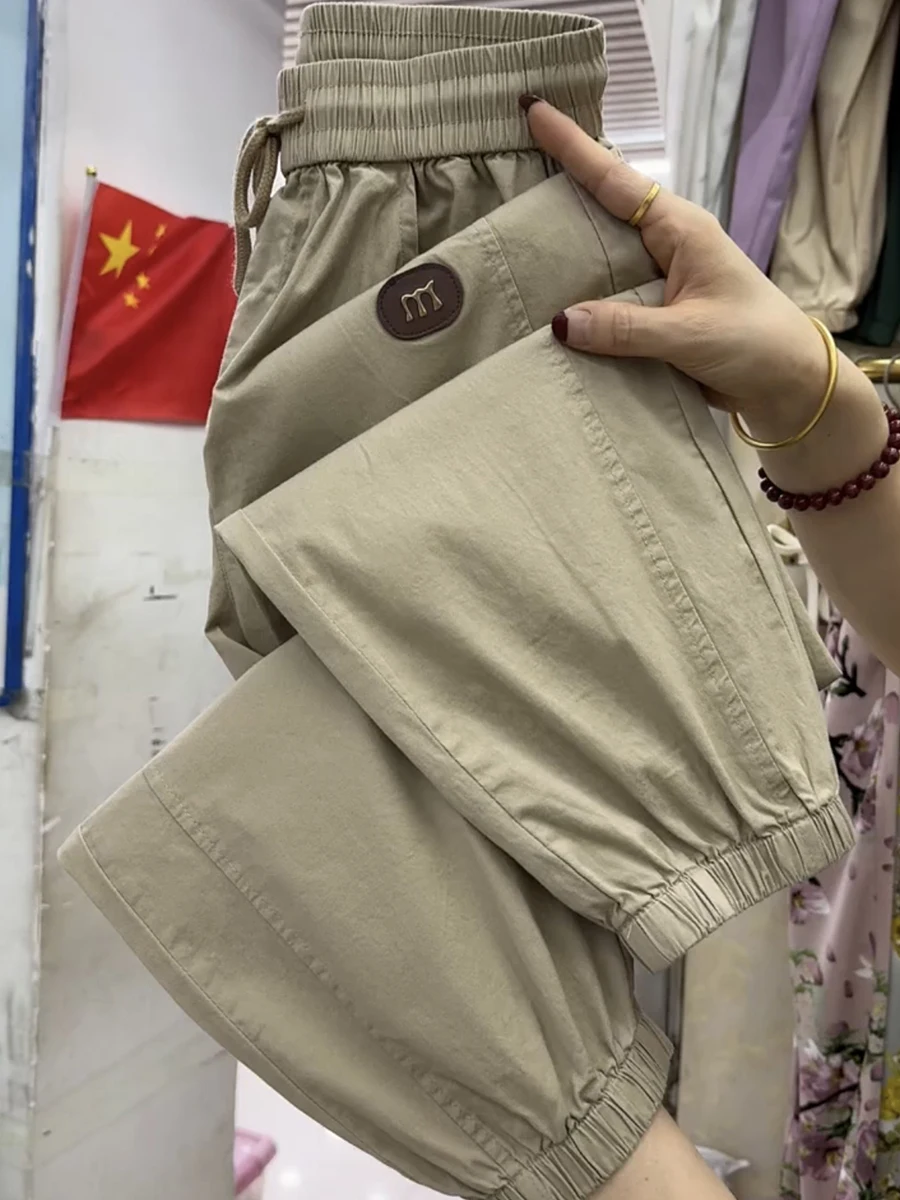 

Летние тонкие брюки-шаровары из ледяного шелка и хлопка для женщин, свободные, универсальные, с манжетами, укороченные, маленькие размеры, повседневные, модные, с высокой талией