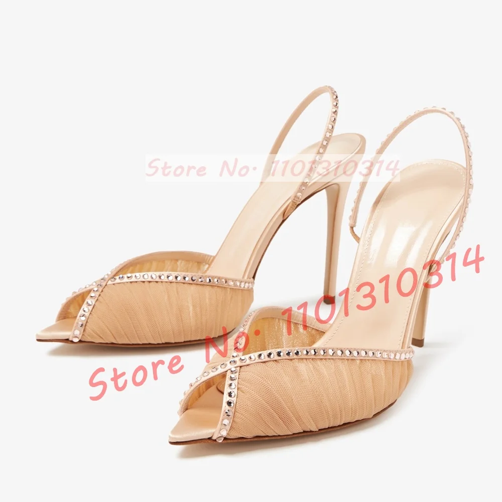 

Apricot Peep Toe Mesh Slingback Sandals Women Classy Wedding Crystal Trim Thin High Heels Sandals Lady Bling Satin Leather Shoes