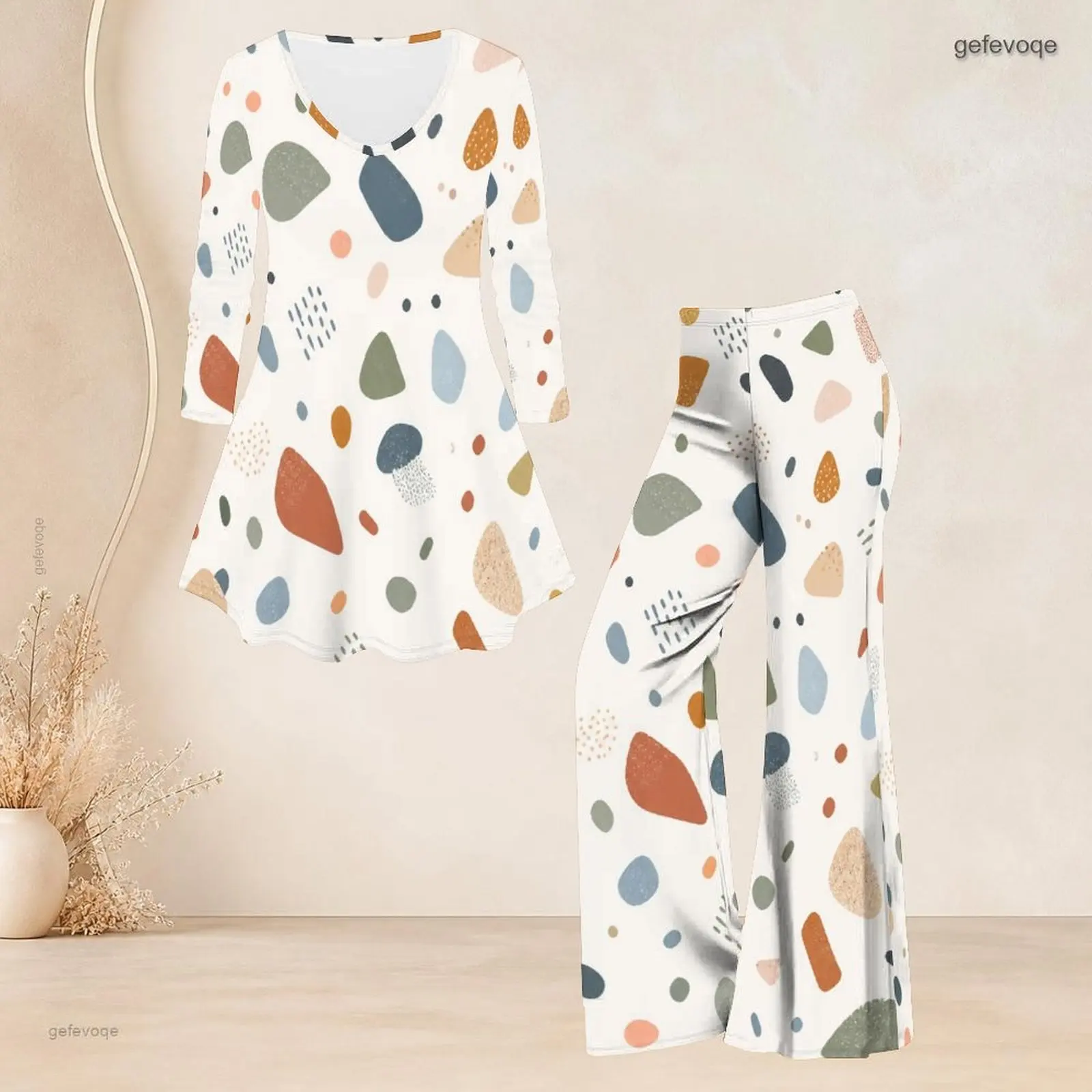 Women Printed Pants Set Round Neck Three Quarter Sleeve Flared Top Flared Pants Two Piece