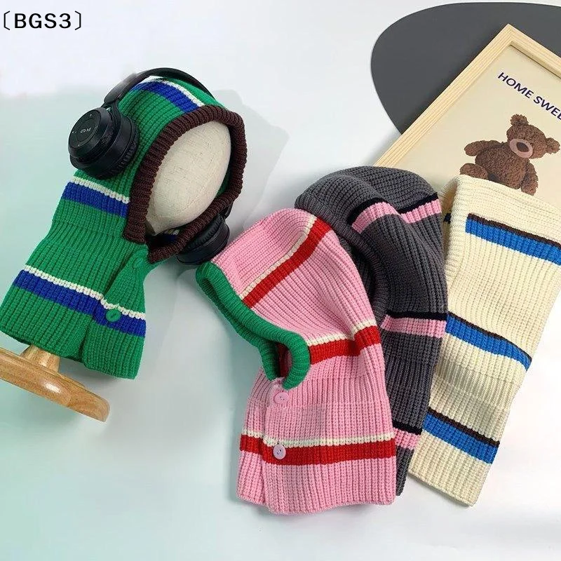 〔BGS3〕Kids Autumn-Winter Warm Thick Knit Hat Scarf Set Versatile Wool Knitted Ear Protector Cap Skullies For Boys And Girls