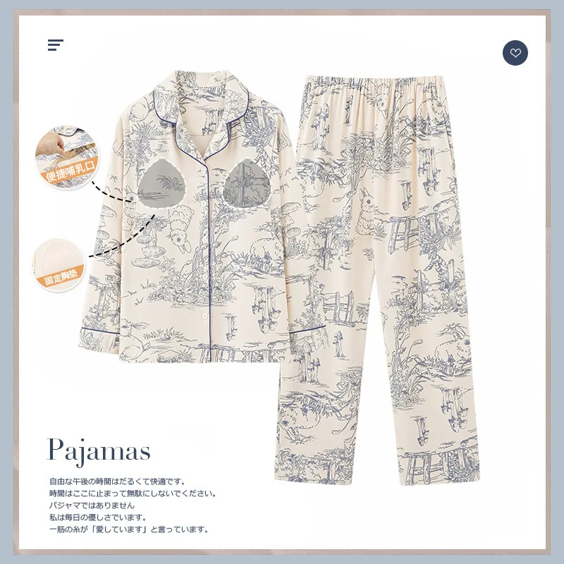 Cotton Pajamas for Pregnant Women Spring Summer New Style  Chest Pads Cardigans Home Clothes Lapel Nursing Postpartum Clothing