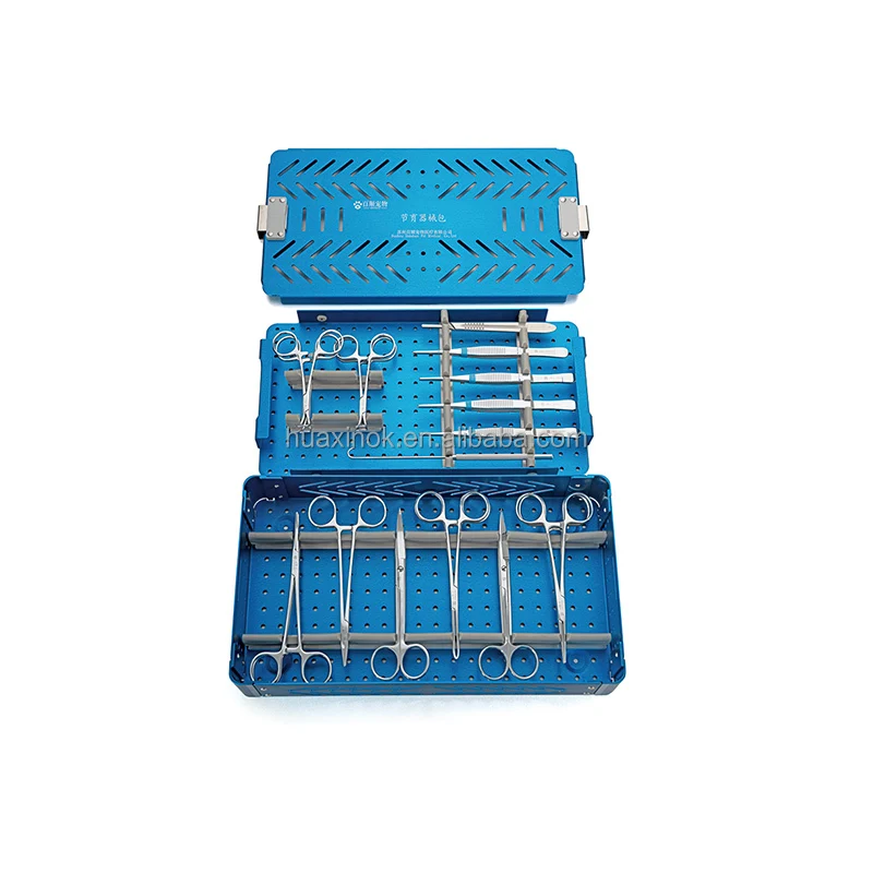 19 pcs stainless steel veterinary medical birth control instrument set with Aluminium Sterilization Tray