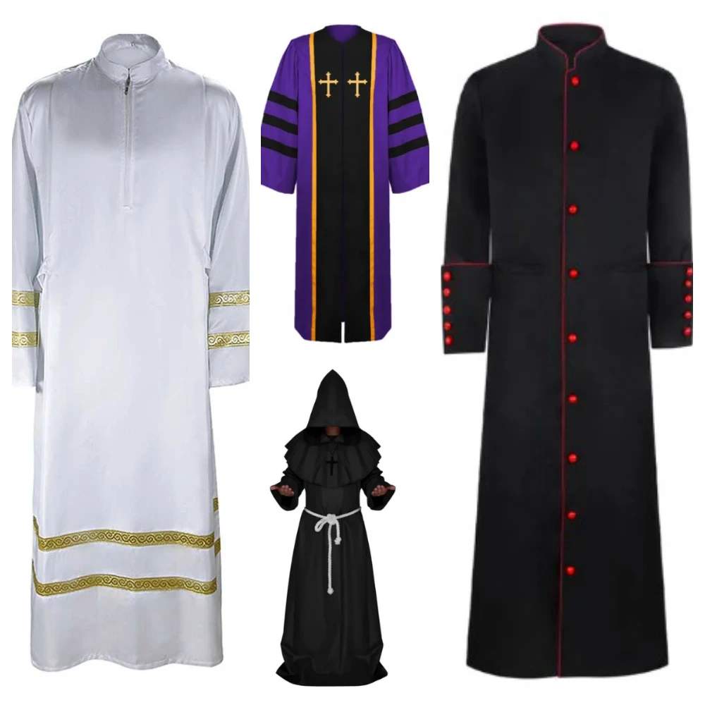 Retro Priest Robe Church Medieval Prayer Cosplay Gown Adult Monk Missionary Cloak Long Coat Costume Halloween Carnival Suit