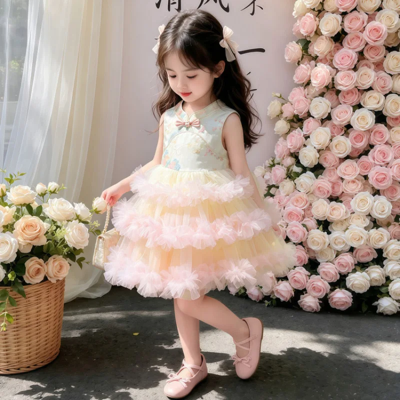 Summer 2026 Girls Dress Chinese Style Buckle Cake Skirt Colorful Mesh Princess Skirt for Baby Girls