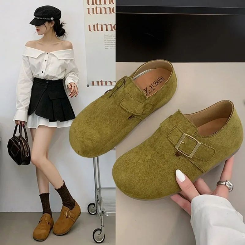 Zapatos Birken de gamuza con parte trasera cerrada para mujer, hebilla metálica cuadrada, punta redonda, suela suave, calzado plano informal retro para uso diario para damas