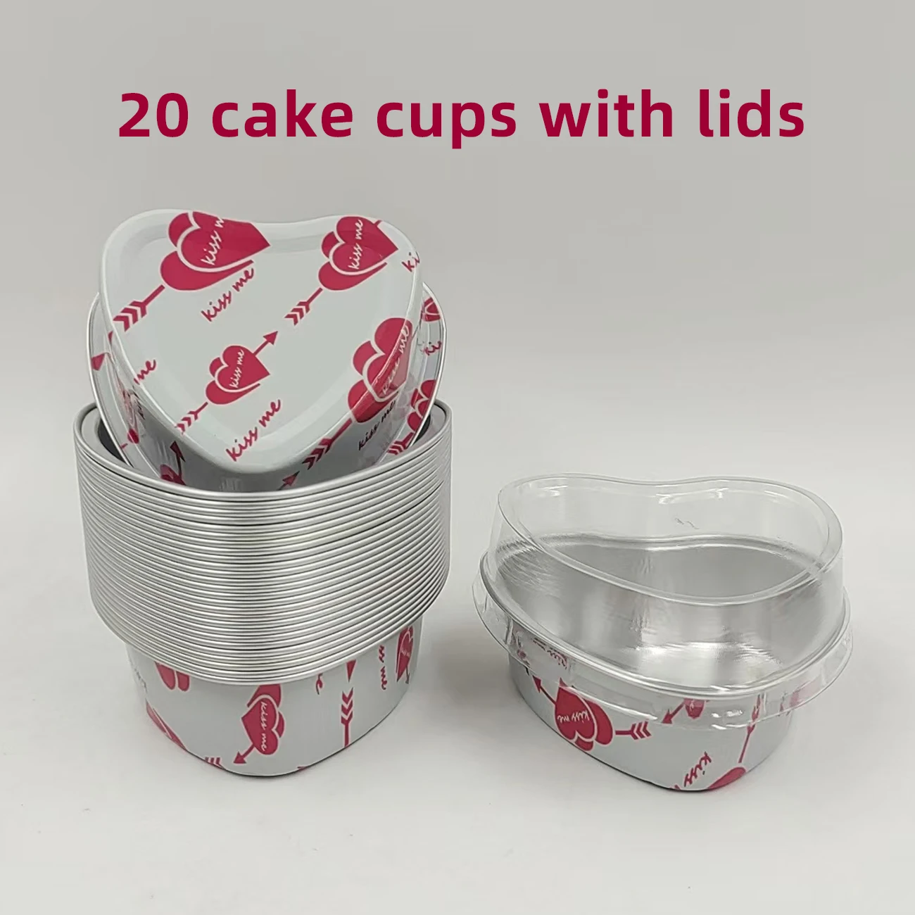 20pcs Heart-Shaped Aluminum Foil Cake Cups with Lids,Heat Resistant Baking Cups, Pudding Cupcake Cup,Perfect for Valentine\'s Day